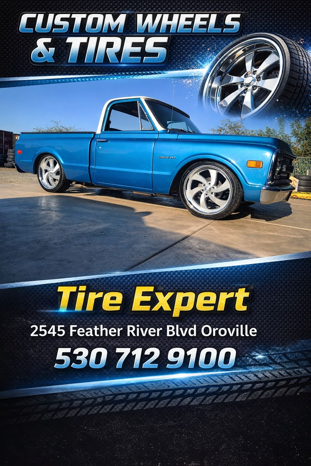 Classic blue Chevy C10 on polished custom wheels