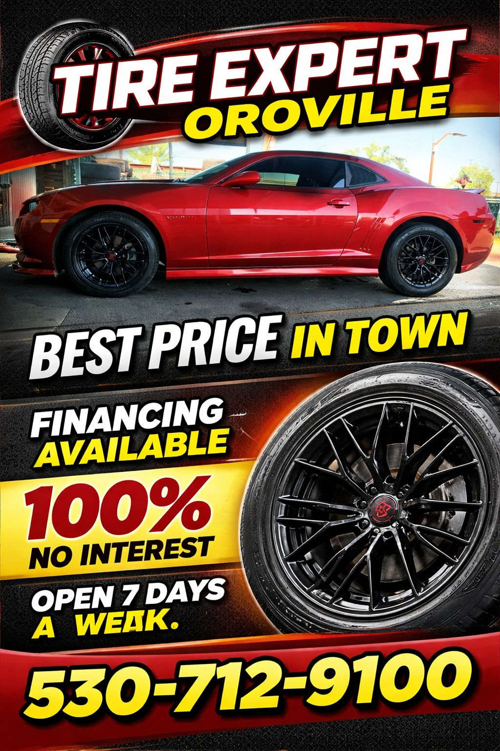 Red Camaro on black custom wheels at Tire Expert Oroville