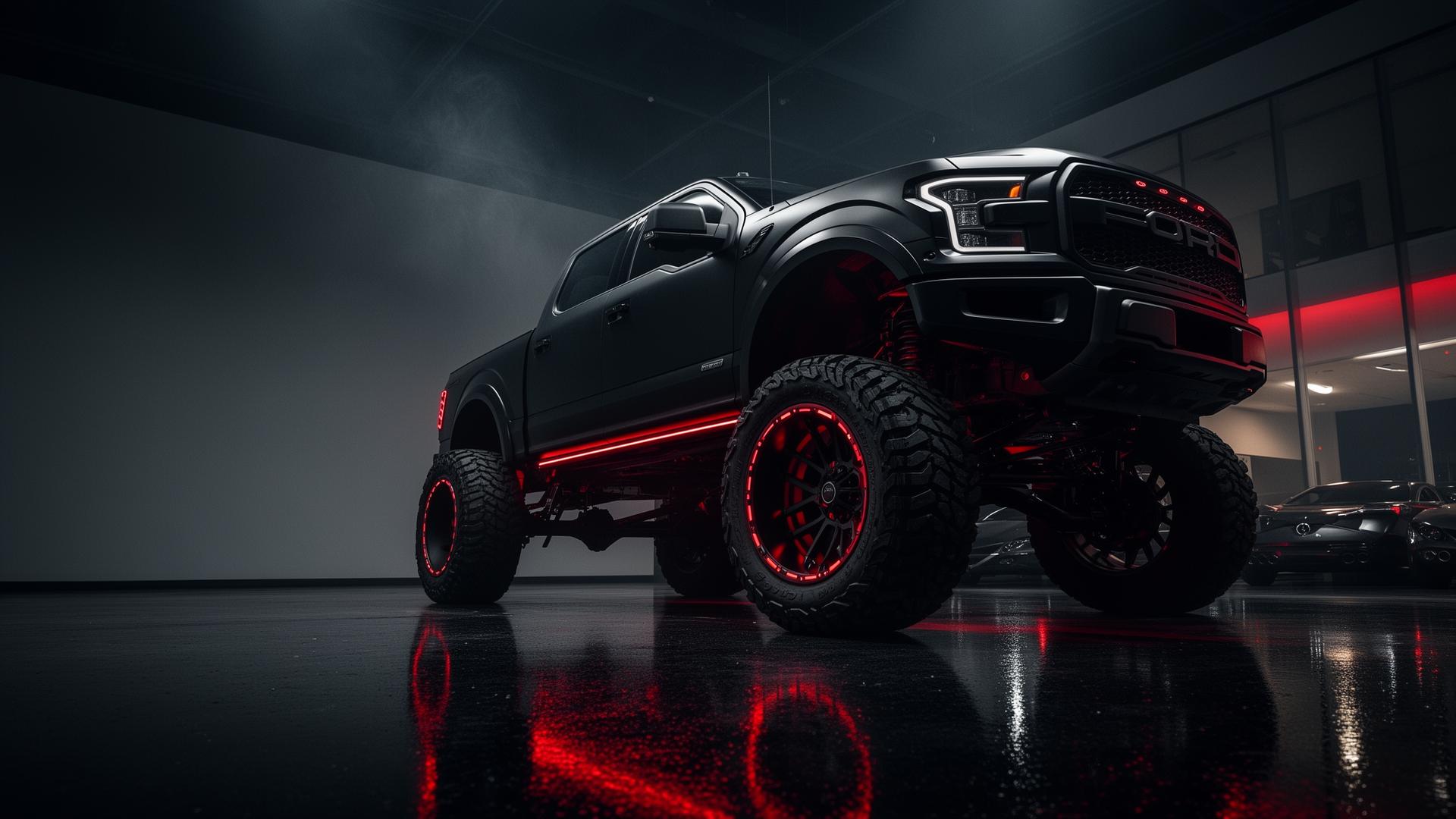 Lifted matte black truck on red forged custom wheels at Tire Expert Oroville