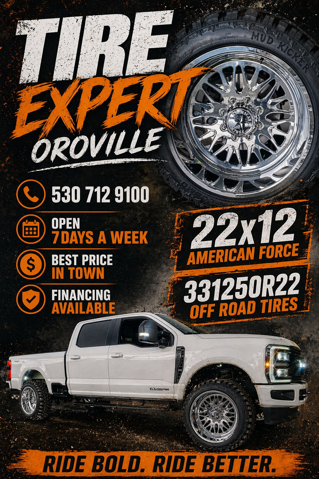 Polished custom wheel with mud-terrain tire
